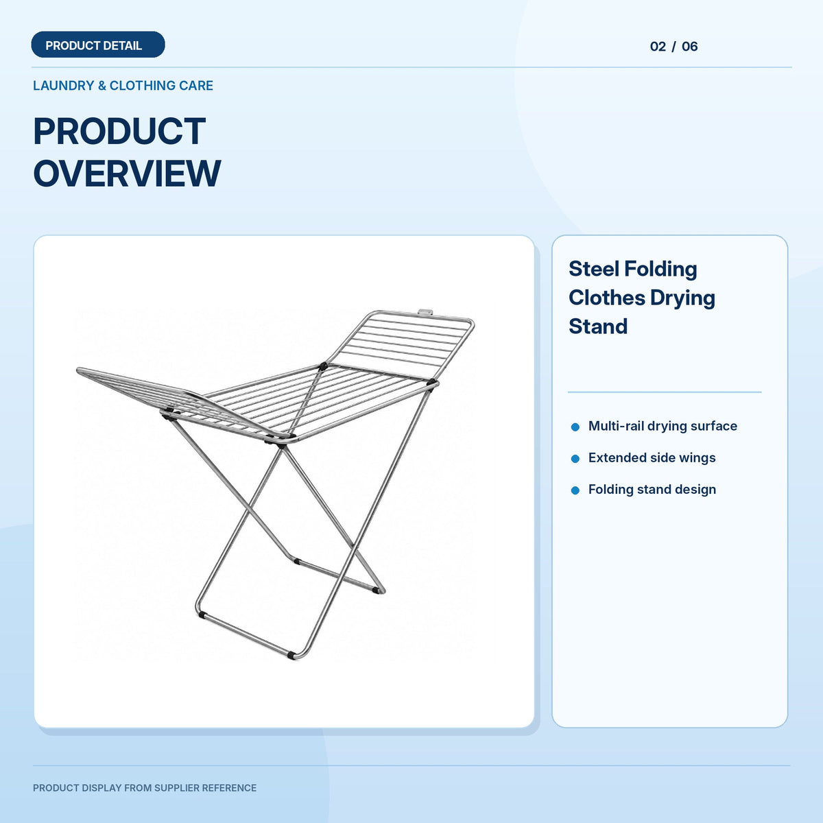 Steel Folding Clothes Drying Stand, light-blue product information graphic 2; supplier reference depiction