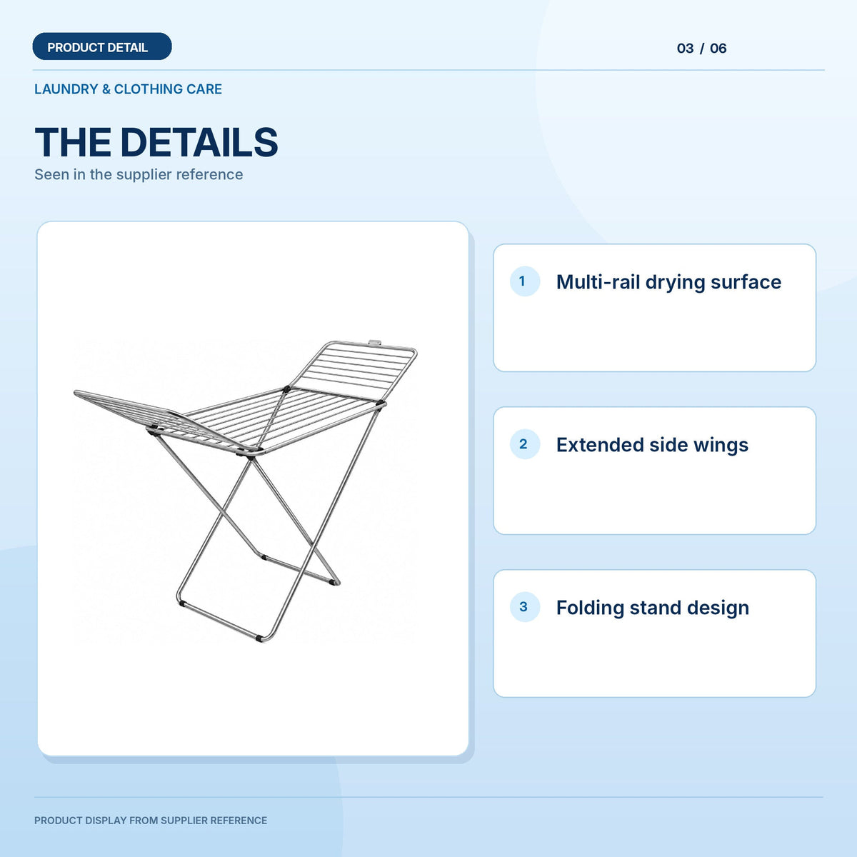 Steel Folding Clothes Drying Stand, light-blue product information graphic 3; supplier reference depiction