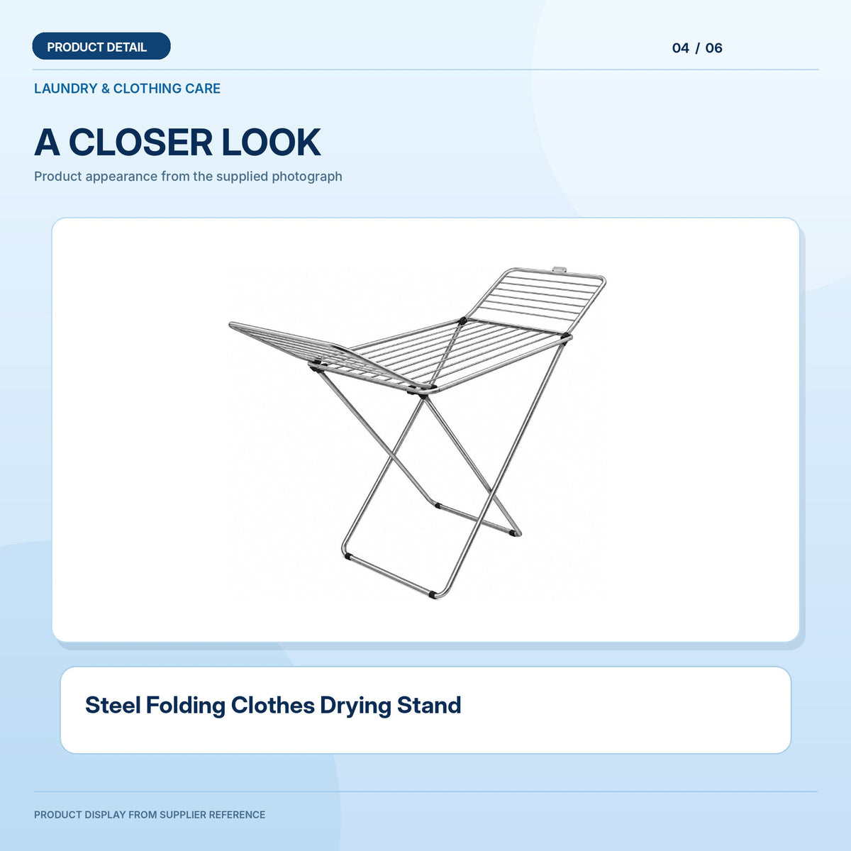 Steel Folding Clothes Drying Stand, light-blue product information graphic 4; supplier reference depiction