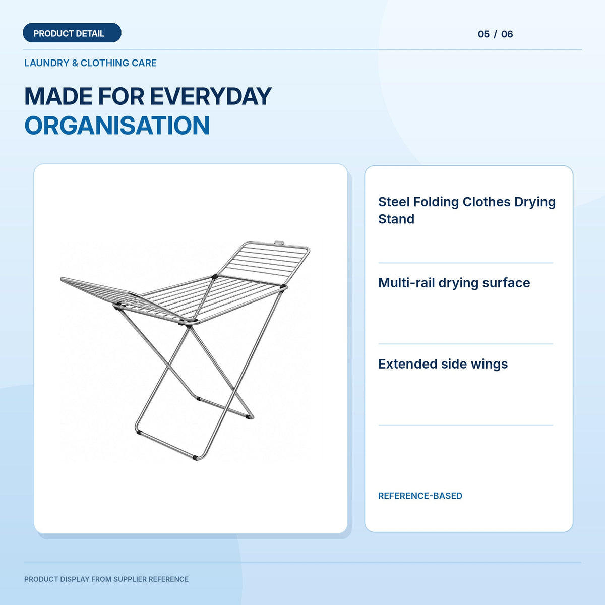 Steel Folding Clothes Drying Stand, light-blue product information graphic 5; supplier reference depiction